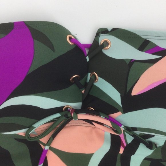 Hula Honey Green Swim Top Size Medium Tankini Tropical Print Lace Up Strapless - Picture 4 of 8